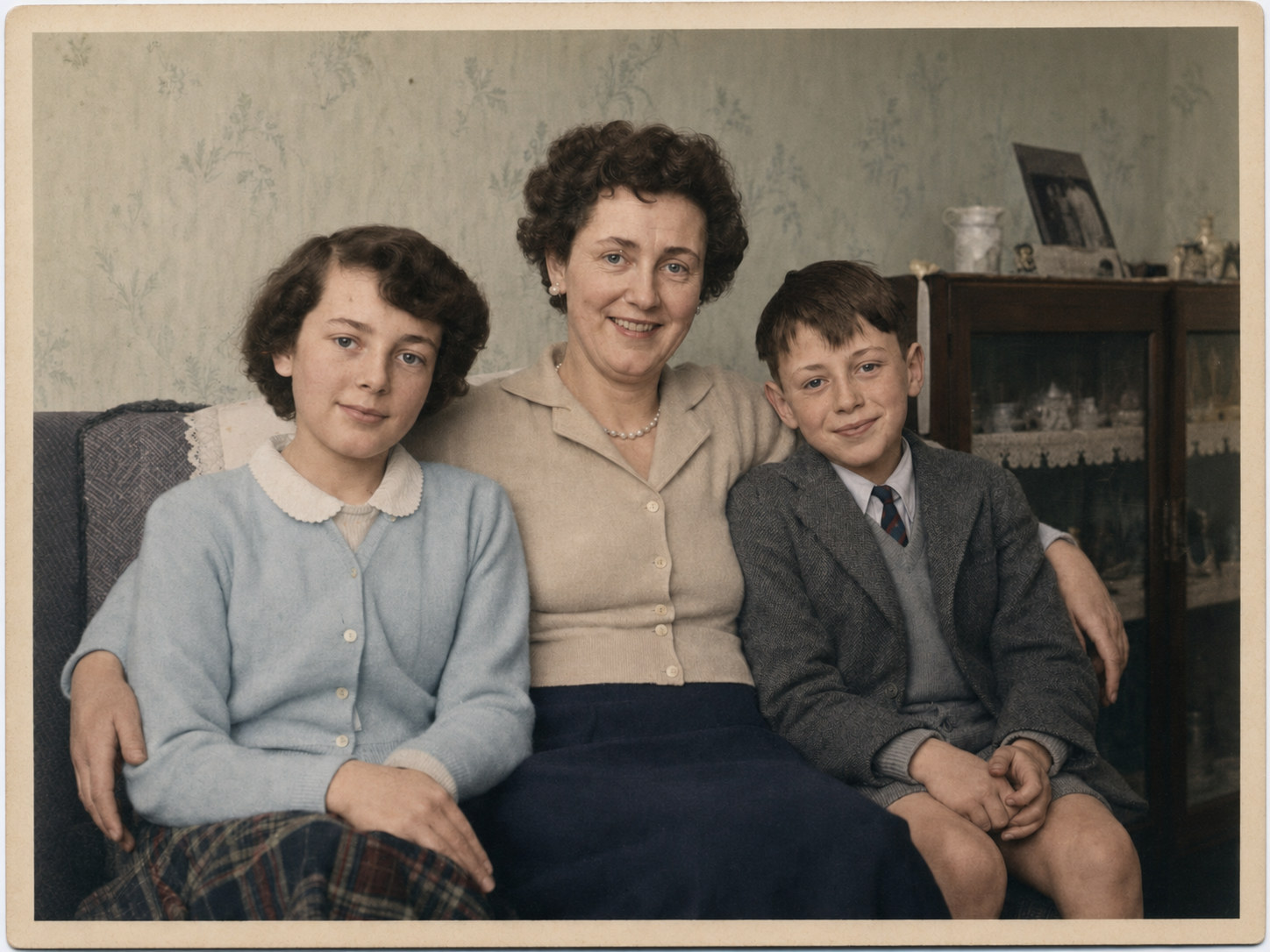 Generated demonstration of the same family photograph after damage repair and careful colour has been added.